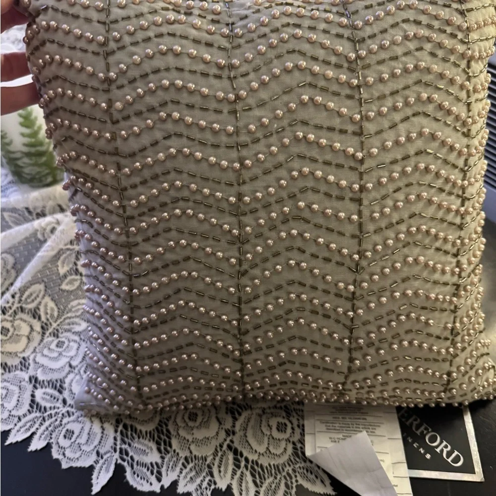 Pillow Waterford Decorative Faux Pearl Beads Chevron Accent Pillow Gray 14x14